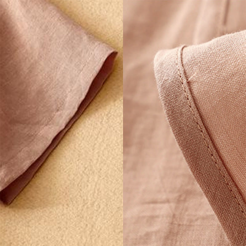 Buddha Stones Summer V-Neck Frog-Button Short Sleeve Cotton Linen Women's Midi Dress