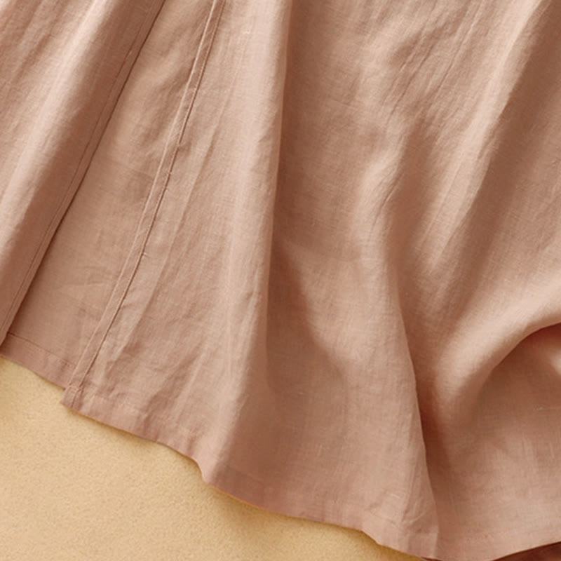 Buddha Stones Summer V-Neck Frog-Button Short Sleeve Cotton Linen Women's Midi Dress