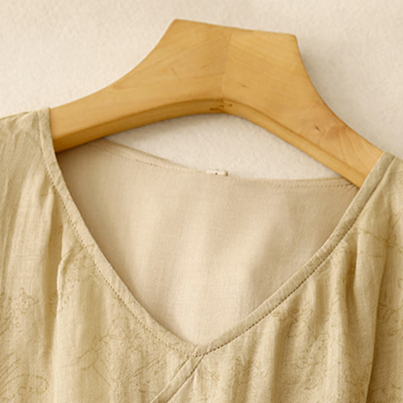 Buddha Stones Summer V-Neck Lace-up Short Sleeve Cotton Linen Women's Midi Dress With Pockets