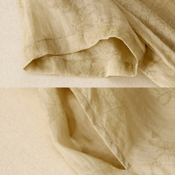 Buddha Stones Summer V-Neck Lace-up Short Sleeve Cotton Linen Women's Midi Dress With Pockets