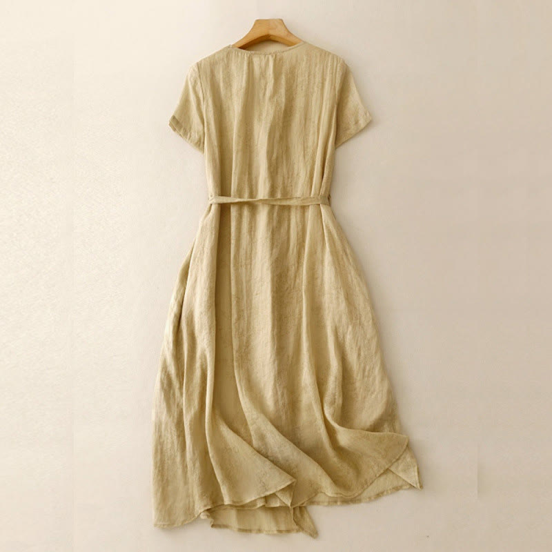 Buddha Stones Summer V-Neck Lace-up Short Sleeve Cotton Linen Women's Midi Dress With Pockets