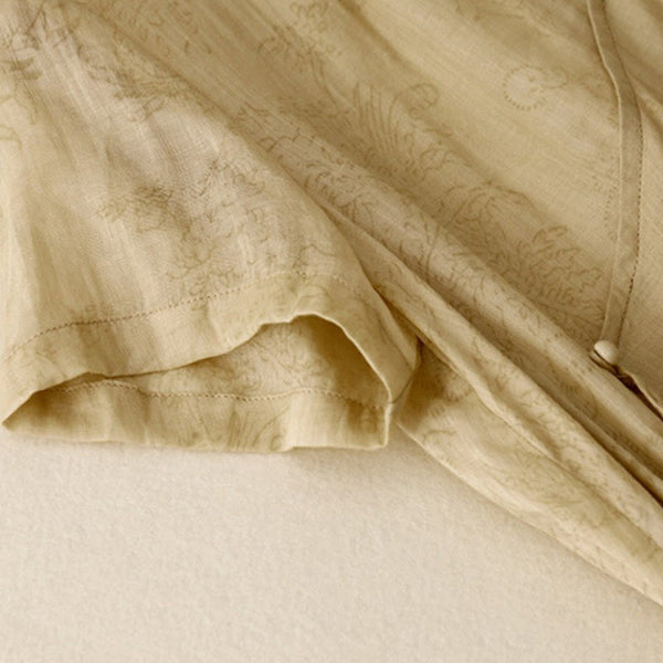 Buddha Stones Summer V-Neck Lace-up Short Sleeve Cotton Linen Women's Midi Dress With Pockets