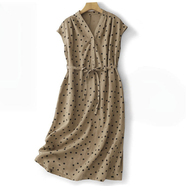 Buddha Stones Summer Polka Dot V-Neck Lace-up Cotton Linen Women's Midi Dress With Pockets