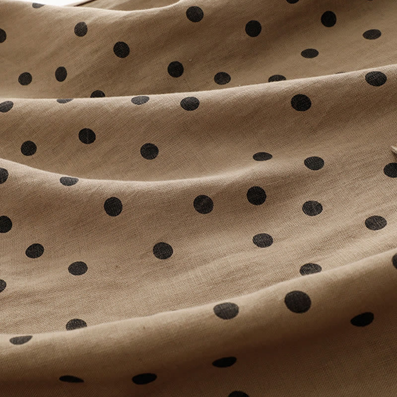 Buddha Stones Summer Polka Dot V-Neck Lace-up Cotton Linen Women's Midi Dress With Pockets