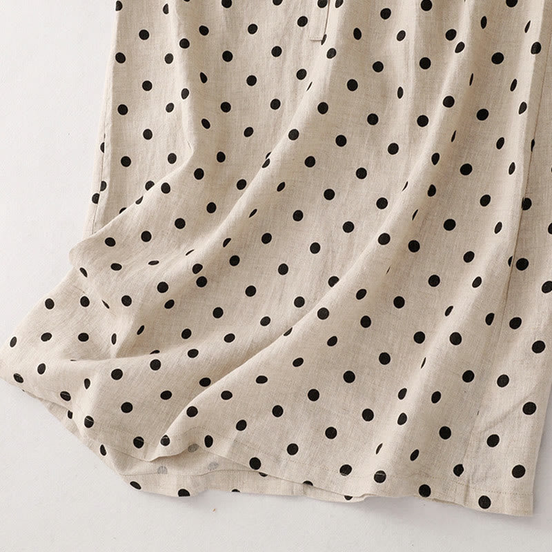 Buddha Stones Summer Polka Dot V-Neck Lace-up Cotton Linen Women's Midi Dress With Pockets