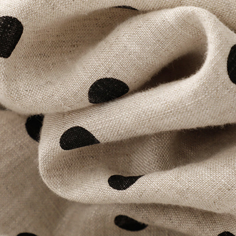 Buddha Stones Summer Polka Dot V-Neck Lace-up Cotton Linen Women's Midi Dress With Pockets