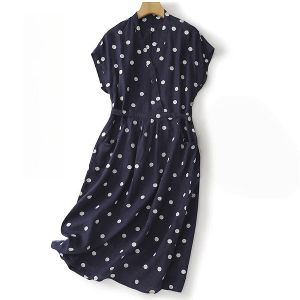 Buddha Stones Polka Dot V-Neck Lace-up Cotton Linen Women's Midi Dress With Pockets