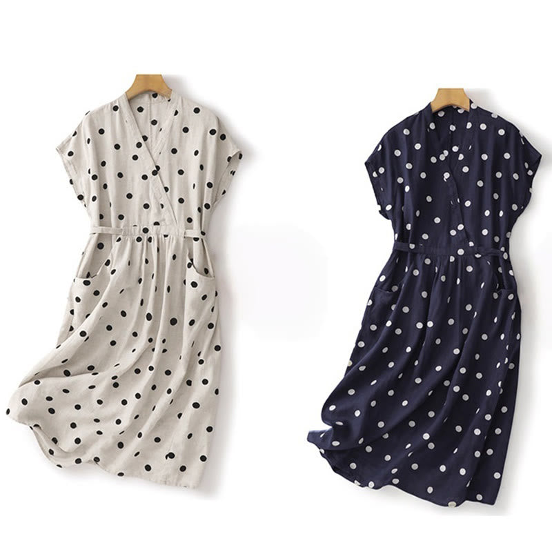Buddha Stones Polka Dot V-Neck Lace-up Cotton Linen Women's Midi Dress With Pockets