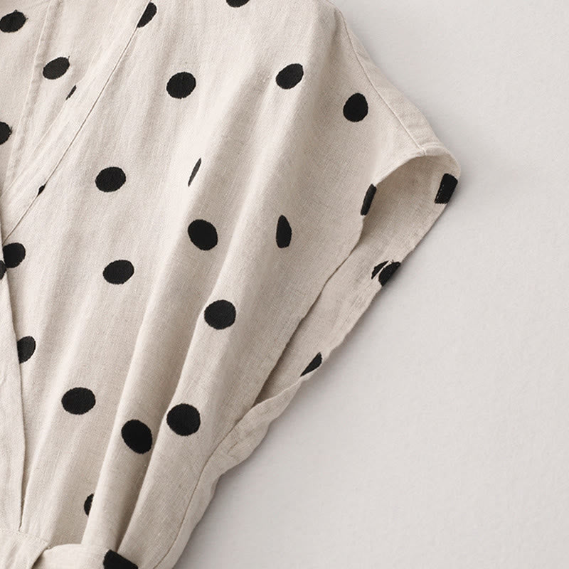 Buddha Stones Polka Dot V-Neck Lace-up Cotton Linen Women's Midi Dress With Pockets