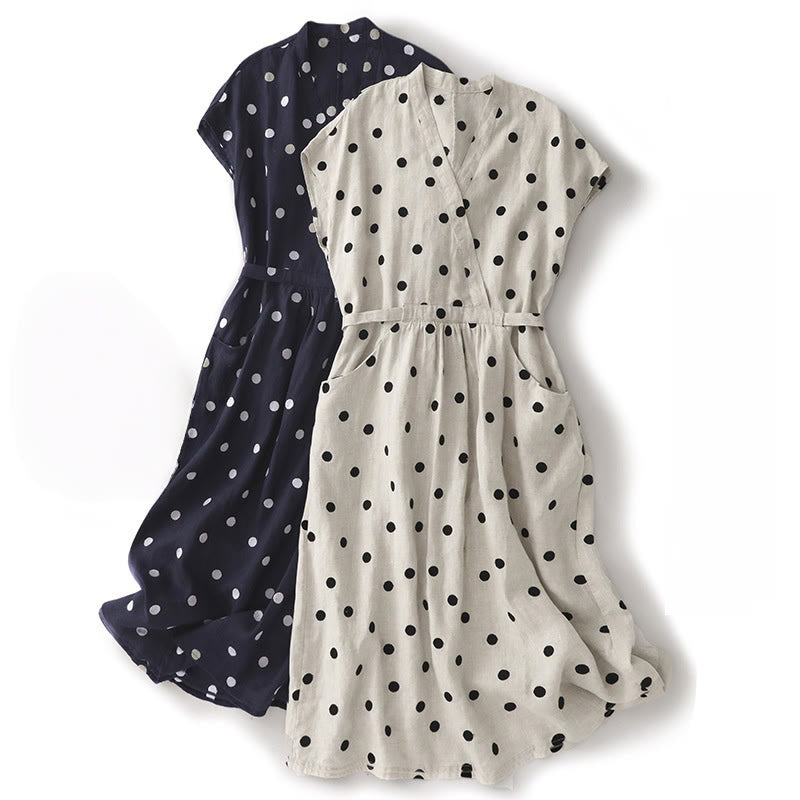 Buddha Stones Polka Dot V-Neck Lace-up Cotton Linen Women's Midi Dress With Pockets