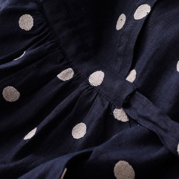 Buddha Stones Polka Dot V-Neck Lace-up Cotton Linen Women's Midi Dress With Pockets