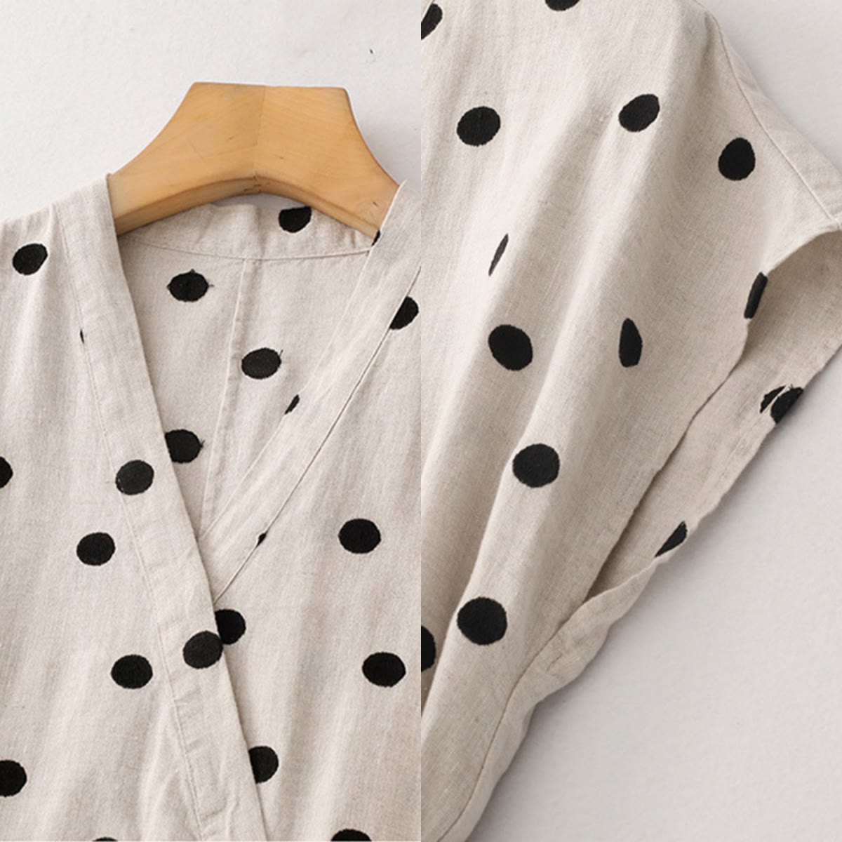 Buddha Stones Polka Dot V-Neck Lace-up Cotton Linen Women's Midi Dress With Pockets