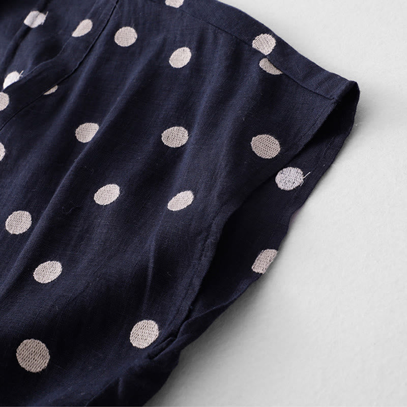 Buddha Stones Polka Dot V-Neck Lace-up Cotton Linen Women's Midi Dress With Pockets