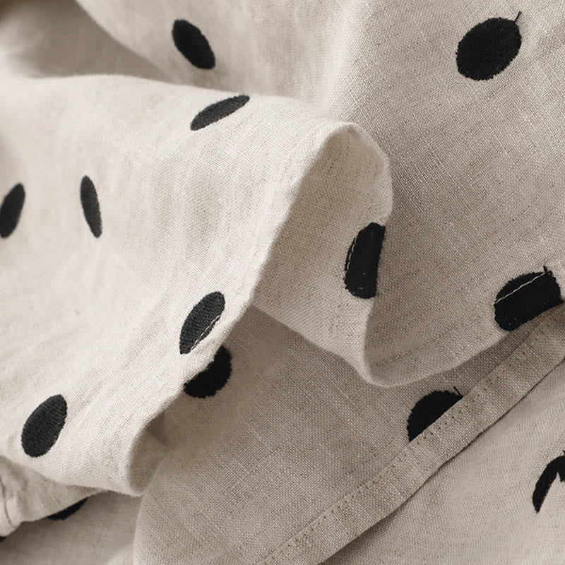 Buddha Stones Polka Dot V-Neck Lace-up Cotton Linen Women's Midi Dress With Pockets