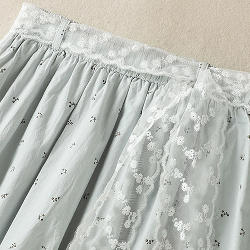 Buddha Stones Small Flowers Elastic Waist Cotton Women's Skirt With Pockets