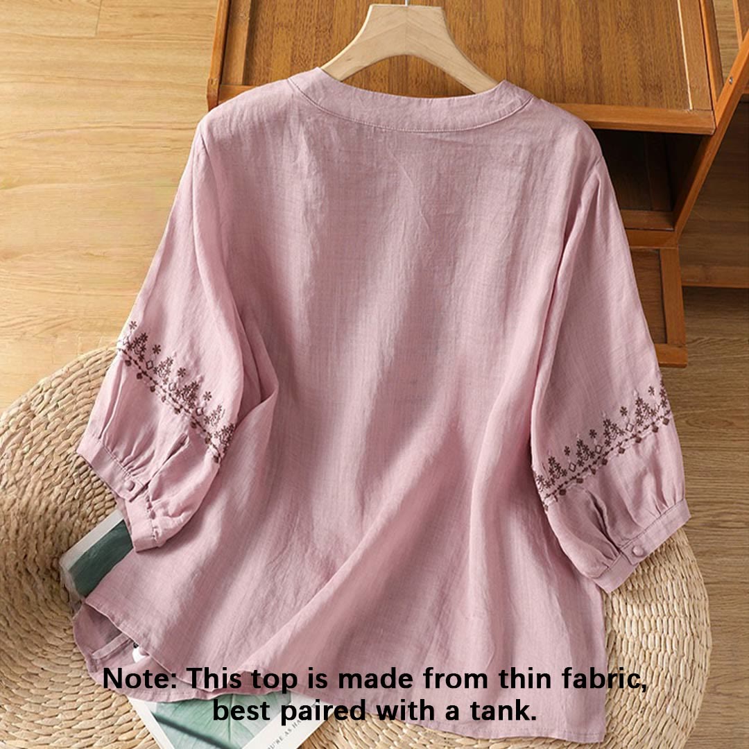 Buddha Stones Symmetrical Embroidery Cotton Women's Crew Neck Shirt