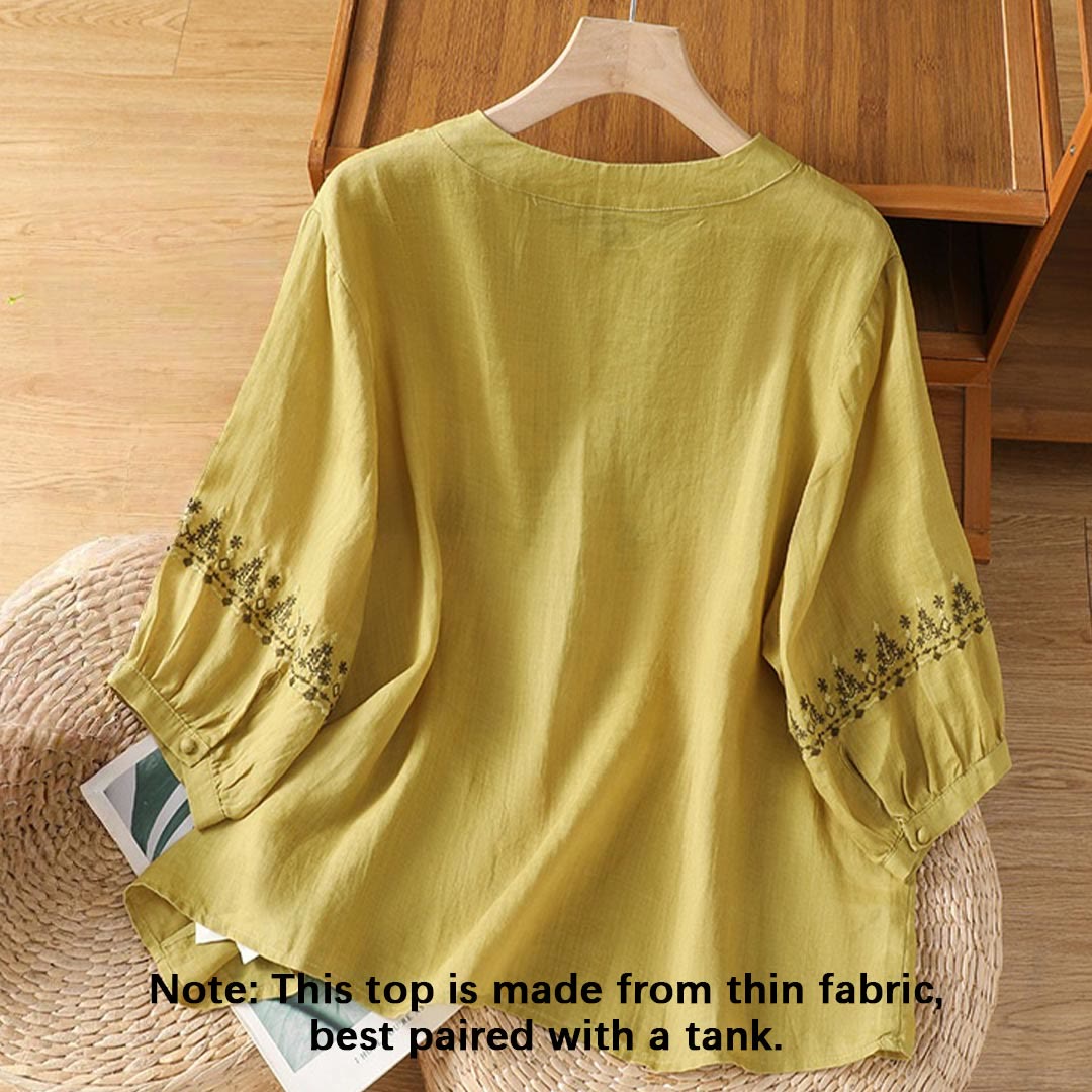 Buddha Stones Symmetrical Embroidery Cotton Women's Crew Neck Shirt