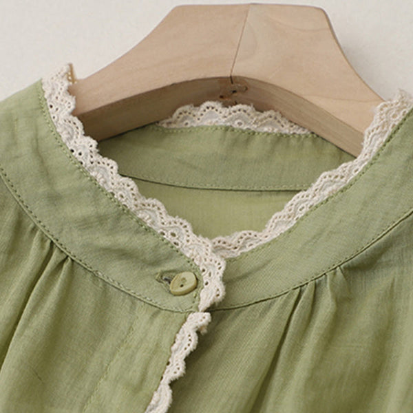Buddha Stones Vintage Pure Color Lace Design Long Lantern Sleeve Women's Cotton Linen Shirt