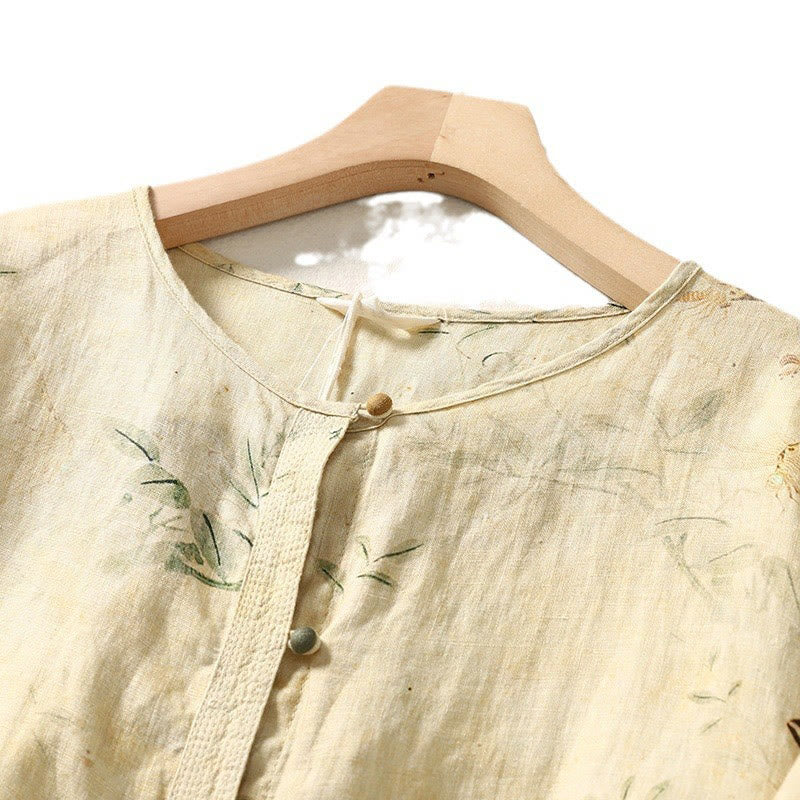 Buddha Stones Commute Chinese Frog-Button Long Lantern Sleeve Women's Cotton Linen Shirt