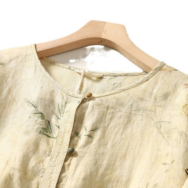 Buddha Stones Commute Chinese Frog-Button Long Lantern Sleeve Women's Cotton Linen Shirt