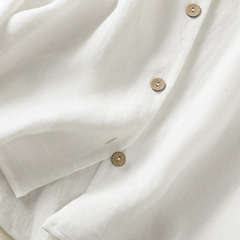 Buddha Stones Casual Spring Plain Buttons Design V-Neck Long Sleeve Women's Cotton Linen Shirt