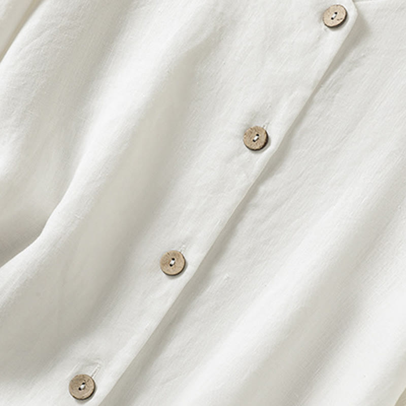 Buddha Stones Casual Spring Plain Buttons Design V-Neck Long Sleeve Women's Cotton Linen Shirt