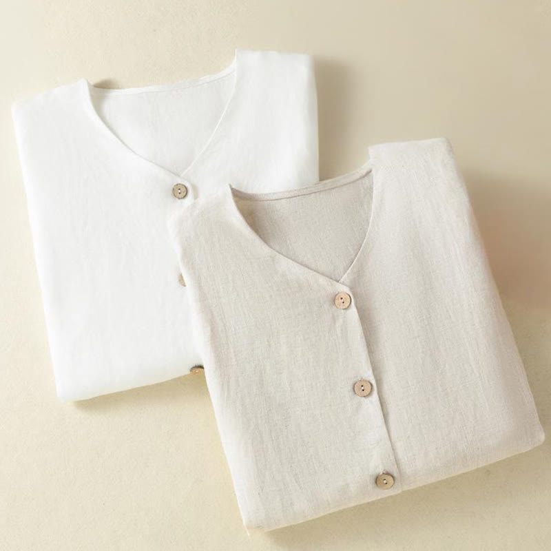 Buddha Stones Casual Spring Plain Buttons Design V-Neck Long Sleeve Women's Cotton Linen Shirt