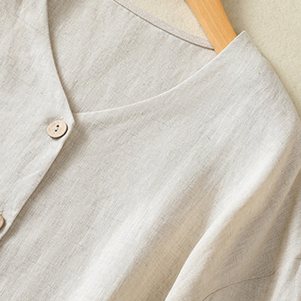 Buddha Stones Casual Spring Plain Buttons Design V-Neck Long Sleeve Women's Cotton Linen Shirt