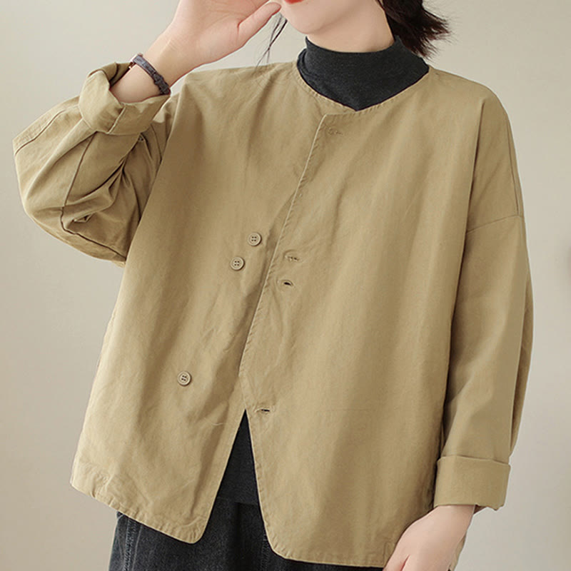 Buddha Stones Spring Plain Asymmetry Design Long Sleeve Women's Cotton Linen Jacket With Pockets