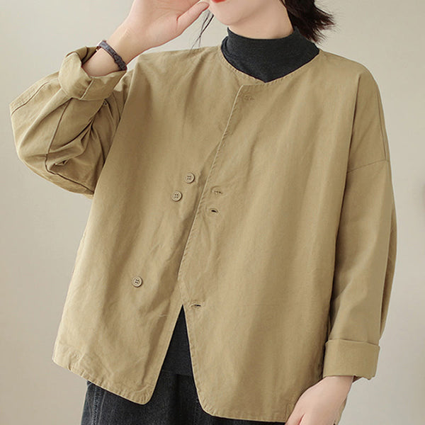 Buddha Stones Spring Plain Asymmetry Design Long Sleeve Women's Cotton Linen Jacket With Pockets