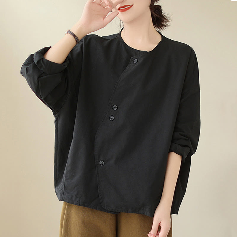 Buddha Stones Spring Plain Asymmetry Design Long Sleeve Women's Cotton Linen Jacket With Pockets