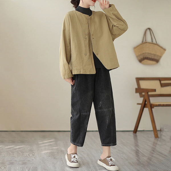 Buddha Stones Spring Plain Asymmetry Design Long Sleeve Women's Cotton Linen Jacket With Pockets