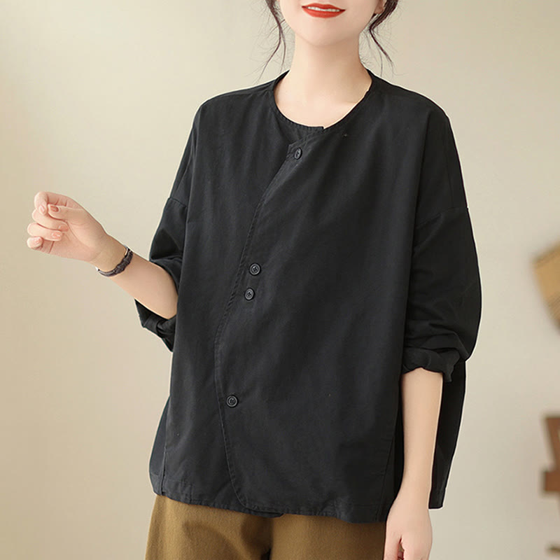 Buddha Stones Spring Plain Asymmetry Design Long Sleeve Women's Cotton Linen Jacket With Pockets