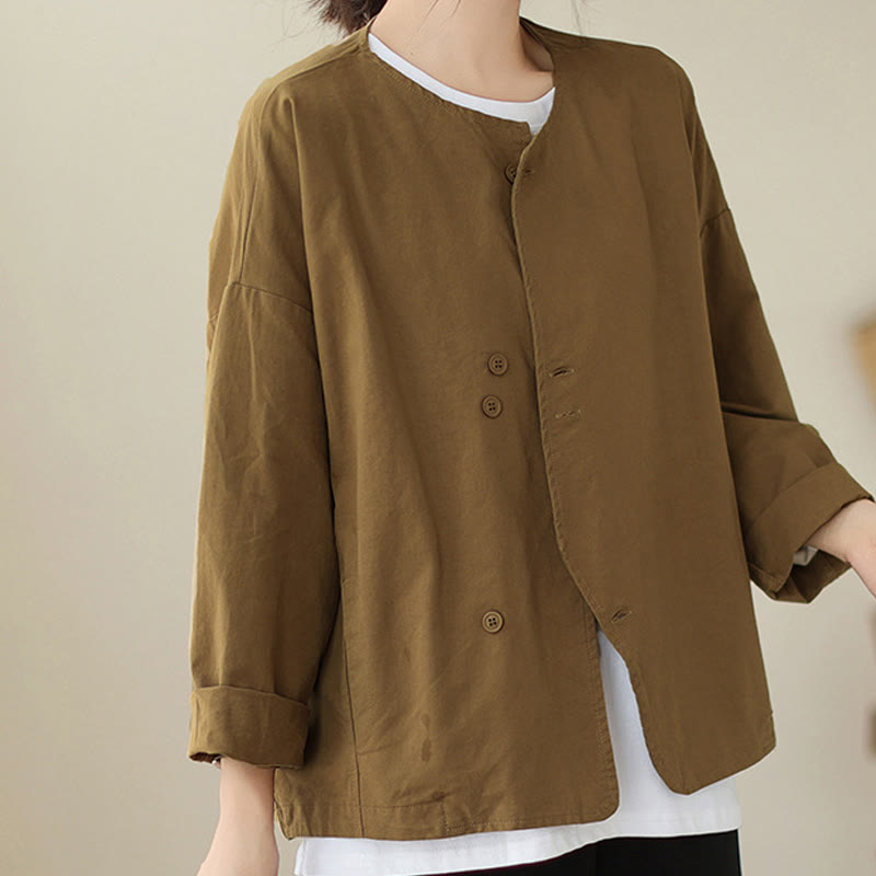 Buddha Stones Spring Plain Asymmetry Design Long Sleeve Women's Cotton Linen Jacket With Pockets