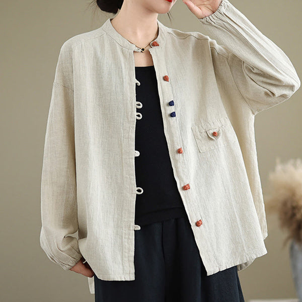Buddha Stones Vintage Colorful Buttons Design Long Sleeve Women's Cotton Linen Shirt