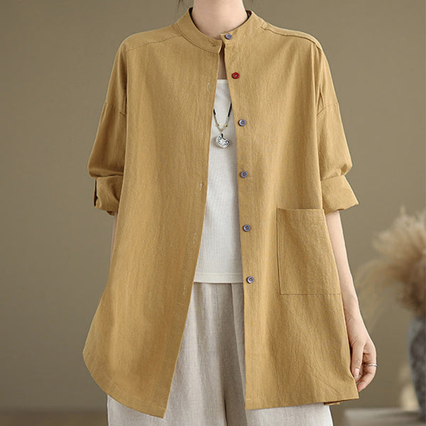 Buddha Stones Commute Casual Pure Color Long Sleeve Women's Cotton Linen Shirt With Pocket
