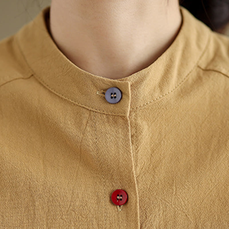 Buddha Stones Commute Casual Pure Color Long Sleeve Women's Cotton Linen Shirt With Pocket