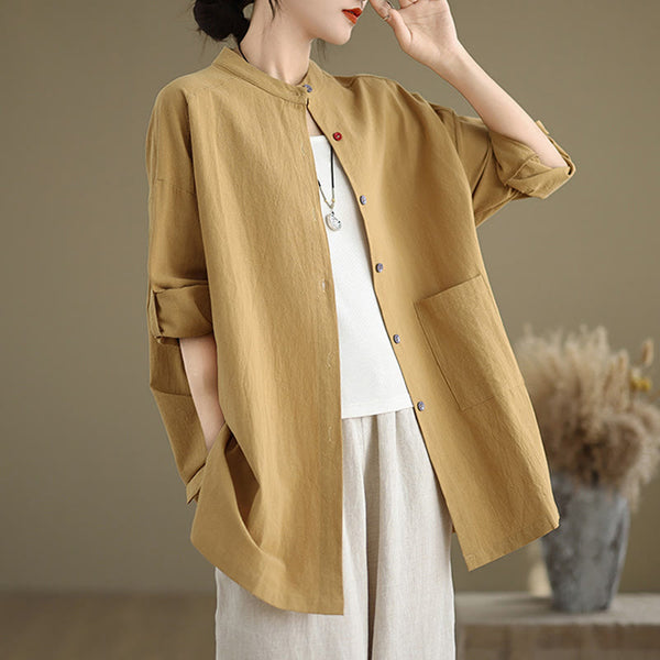 Buddha Stones Commute Casual Pure Color Long Sleeve Women's Cotton Linen Shirt With Pocket