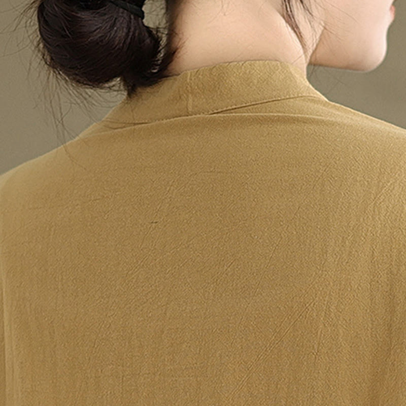 Buddha Stones Commute Casual Pure Color Long Sleeve Women's Cotton Linen Shirt With Pocket
