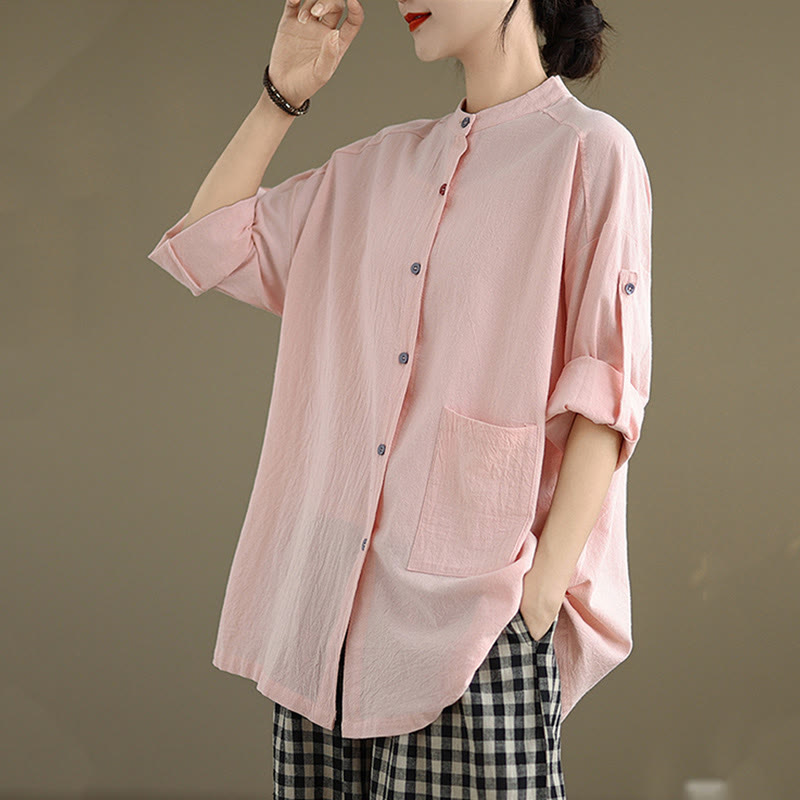 Buddha Stones Commute Casual Pure Color Long Sleeve Women's Cotton Linen Shirt With Pocket