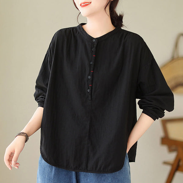Buddha Stones Commute Spring Plain Half Buttons Simple Design Women's Cotton Linen Shirt