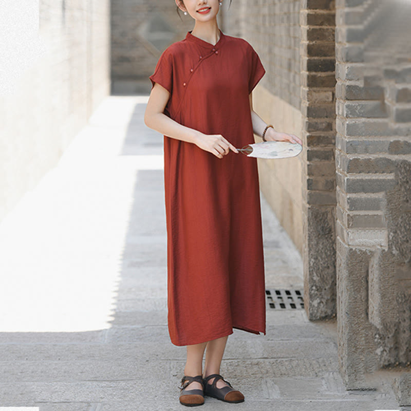Buddha Stones Casual Plain Cheongsam Lace-Up Design Cotton Linen Short Sleeve Midi Dress