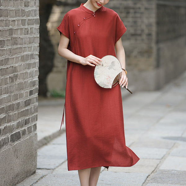 Buddha Stones Casual Plain Cheongsam Lace-Up Design Cotton Linen Short Sleeve Midi Dress