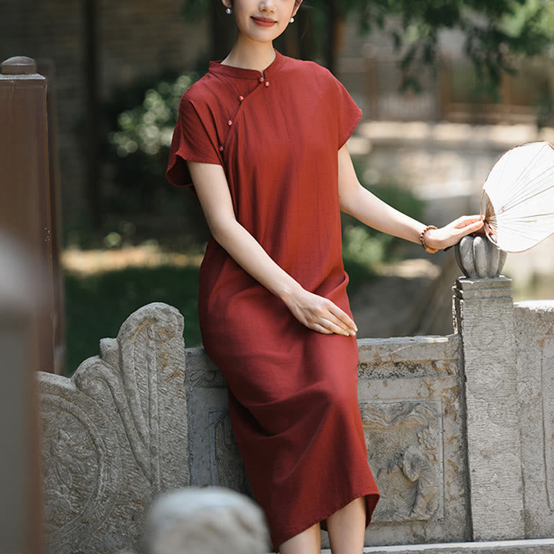 Buddha Stones Casual Plain Cheongsam Lace-Up Design Cotton Linen Short Sleeve Midi Dress