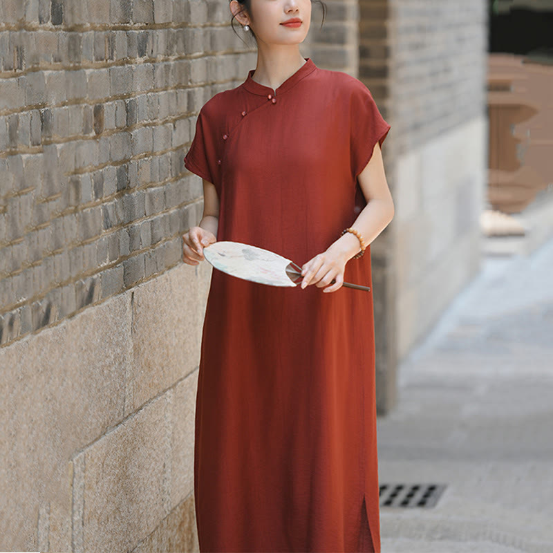 Buddha Stones Casual Plain Cheongsam Lace-Up Design Cotton Linen Short Sleeve Midi Dress