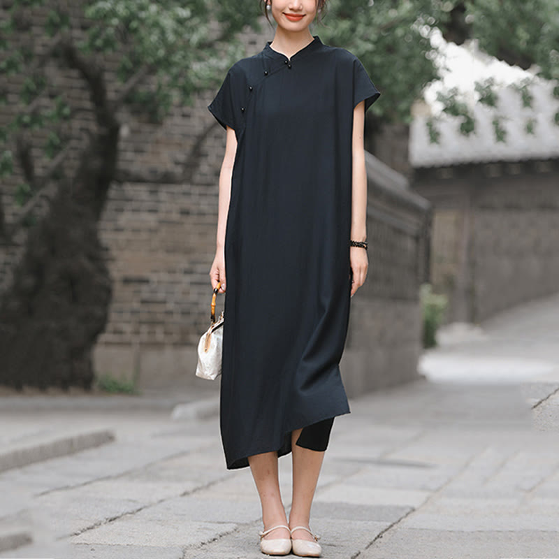 Buddha Stones Casual Plain Cheongsam Lace-Up Design Cotton Linen Short Sleeve Midi Dress