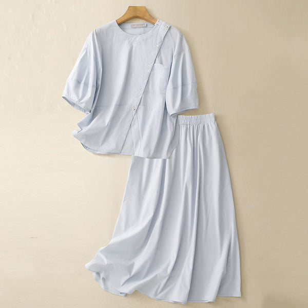 Buddha Stones 2pcs Irregular Button Design Shirt Skirt With Pockets Cotton Clothing Women's Set