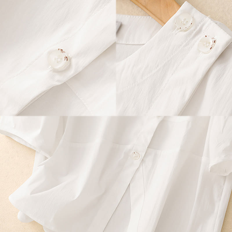 Buddha Stones 2pcs Irregular Button Design Shirt Skirt With Pockets Cotton Clothing Women's Set
