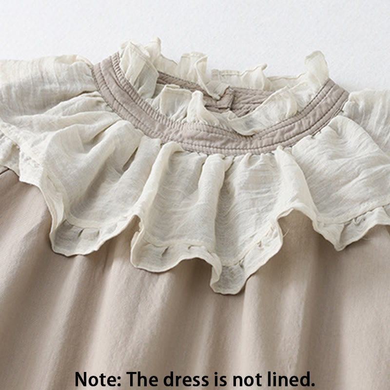 Buddha Stones Casual Ruffled Lace Patchwork Design Puff Sleeve Cotton Midi Dress With Pockets