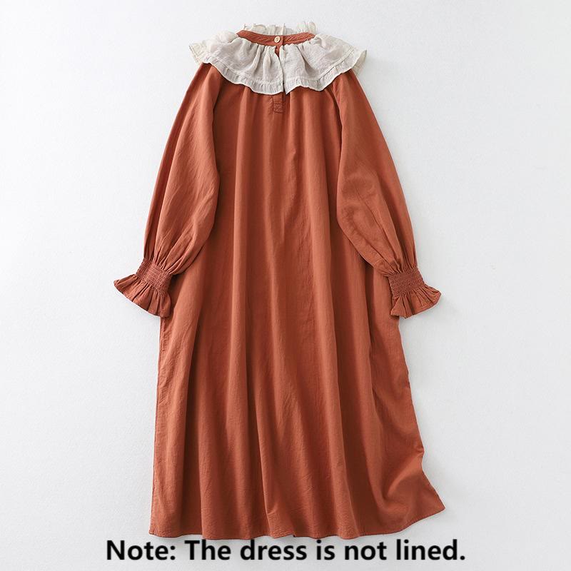 Buddha Stones Casual Ruffled Lace Patchwork Design Puff Sleeve Cotton Midi Dress With Pockets